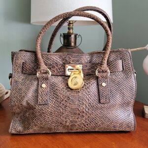 Michael Kors Special Edition Python Embossed Brown Tan Suede Leather Satchel Bag